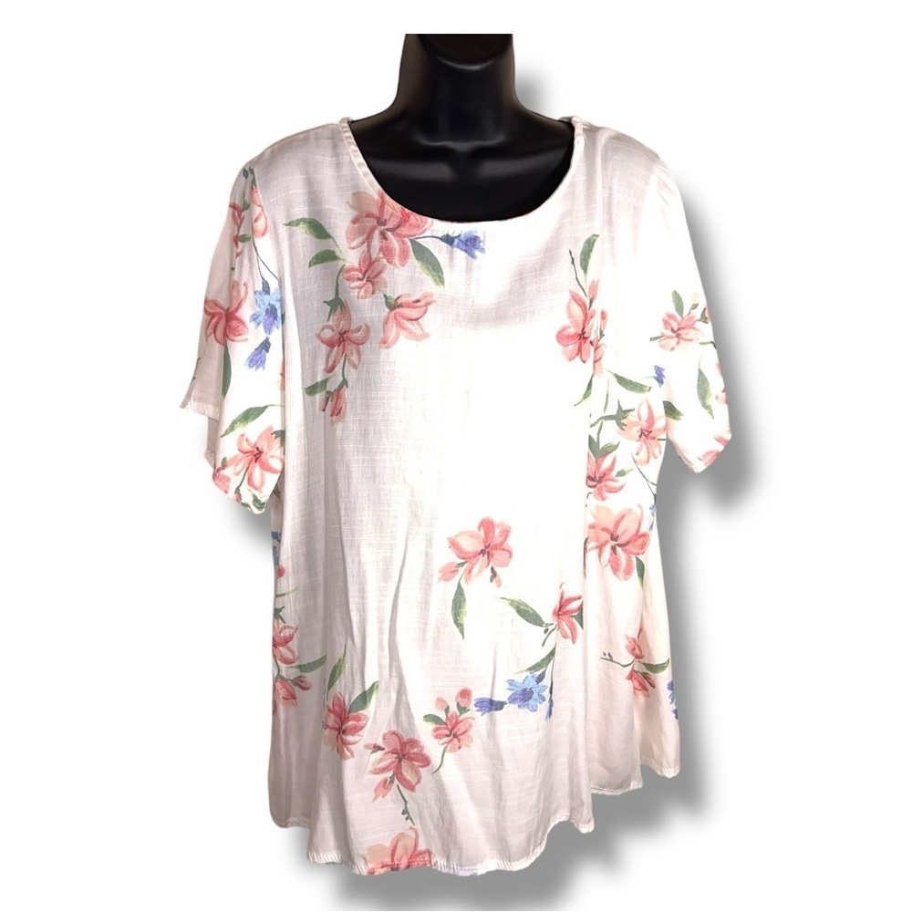 New 1X Acting Pro Blouse White Pink Floral Print Short Sleeve Stretch